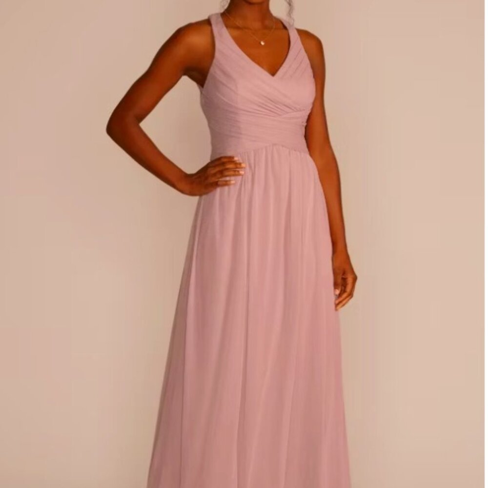 David's Bridal Mesh Long Dress with Crisscross Back, Dusty Pink - Size US 14